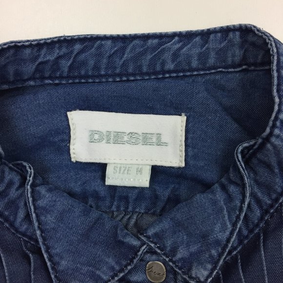 DIESEL Blue Medium Wash Chambray Logo Snap Button Belted Pleats Hi Low Hem Dress - Picture 2 of 11